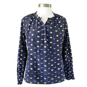 J Crew Pont Sur Navy Popover Top Metallic Arrow Lace Inset
